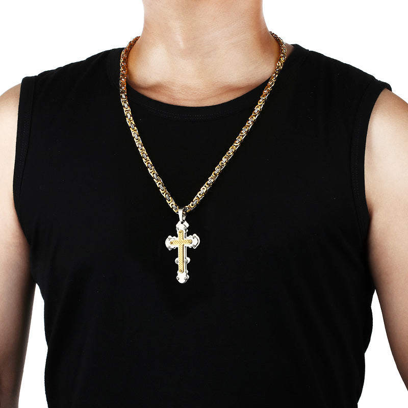 Christian Jesus Crucifix Cross Pendant Necklace Stainless Steel Men Byzantine Link Chain