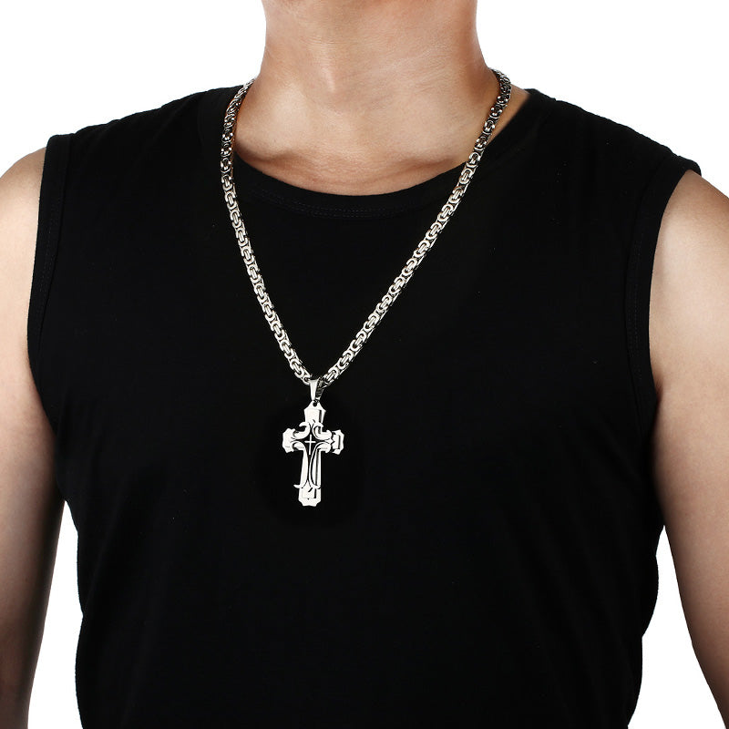 Religious Men Cross Stainless Steel Pendant Necklace Byzantine Chain Fleur-de-lis Necklace