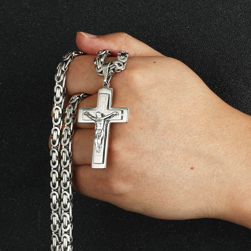 Religious Jesus Christian Crucifix Cross Long Byzantine Chain Stainless Steel Necklaces Pendants for Men