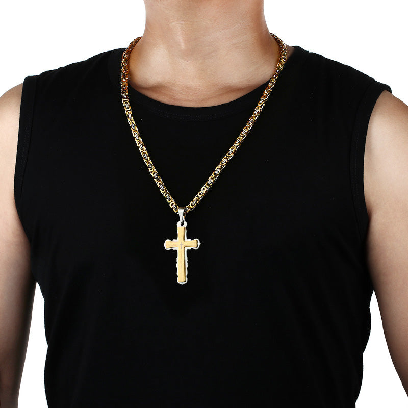 Men Catholic Spanish Bible Cross Pendant Necklaces Stainless Steel Byzantine Link Chain