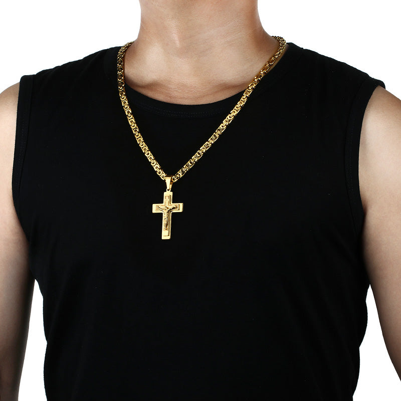 Religious Jesus Christian Crucifix Cross Long Byzantine Chain Stainless Steel Necklaces Pendants for Men