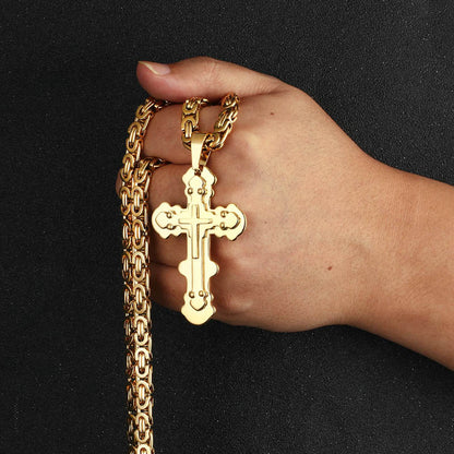 Strong Gold Color Stainless Steel Byzantine Chain Orthodox Cross Pendant Necklace for Men Necklace