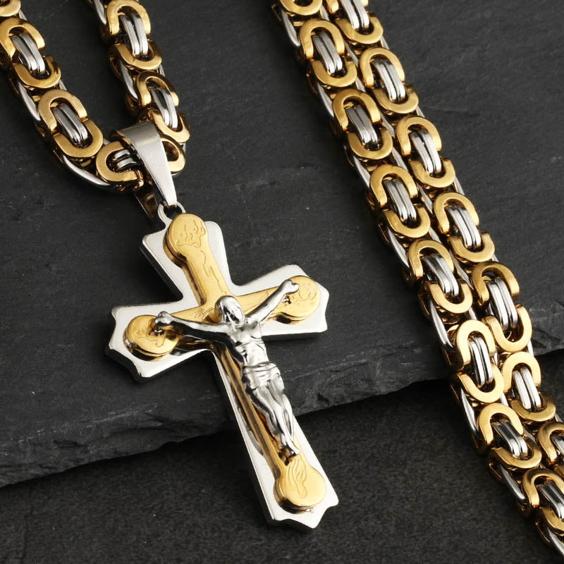 Stainless Steel Necklace Pendant Burning Flame Cross Jesus Christian Byzantine Chain for Men