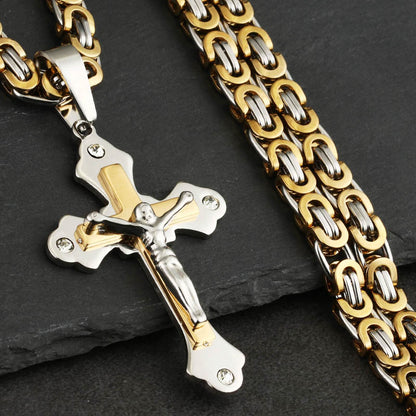 Stainless Steel Chain Crystal Jesus Crucifix Cross Pendant Necklaces Link Chains Men Necklace