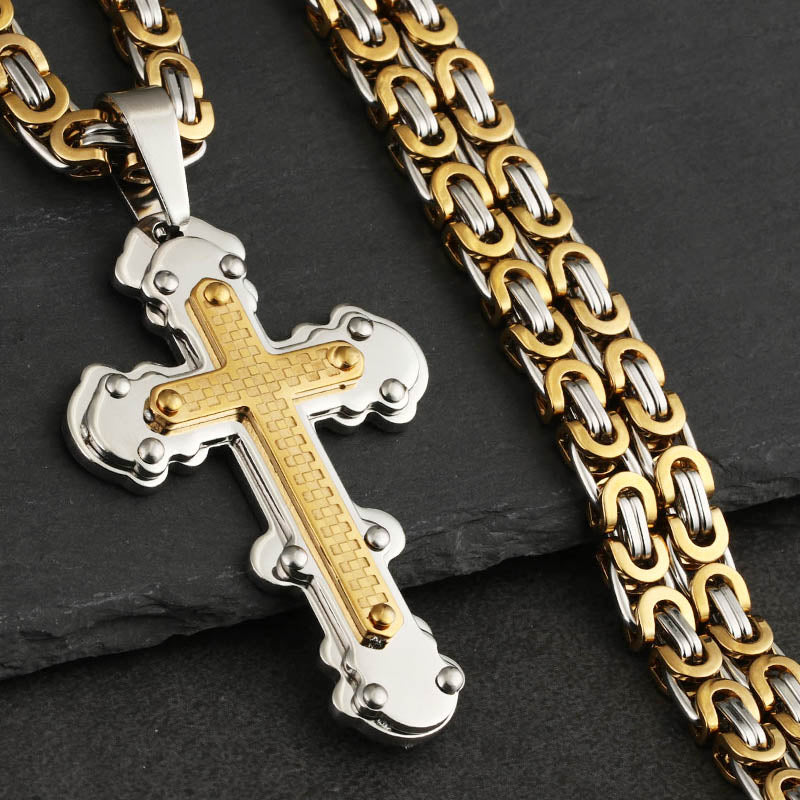 Christian Jesus Crucifix Cross Pendant Necklace Stainless Steel Men Byzantine Link Chain