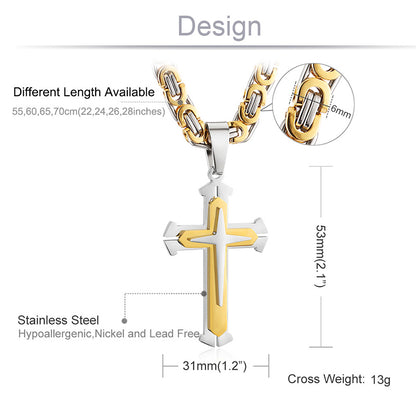 Stainless Steel Pendant Necklace 3 Layer Knight Cross Gold Silver Color Strong Byzantine Chain