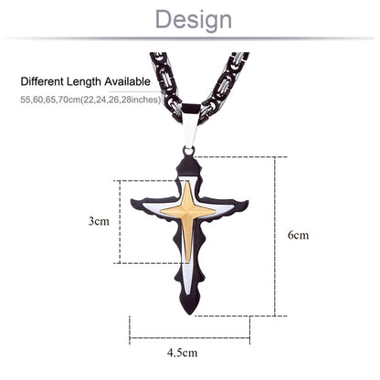 Multilayer Cross Stainless Steel Pendant Necklaces Byzantine Link Chain for Men