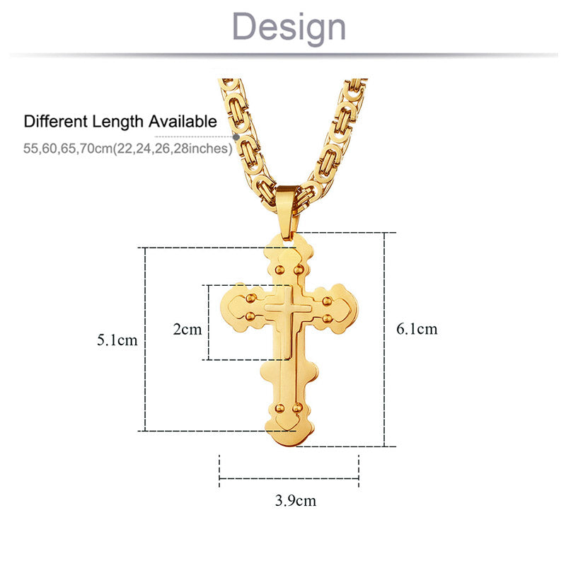 Strong Gold Color Stainless Steel Byzantine Chain Orthodox Cross Pendant Necklace for Men Necklace