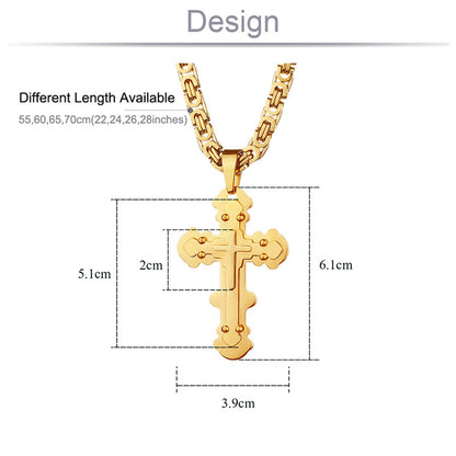 Strong Gold Color Stainless Steel Byzantine Chain Orthodox Cross Pendant Necklace for Men Necklace