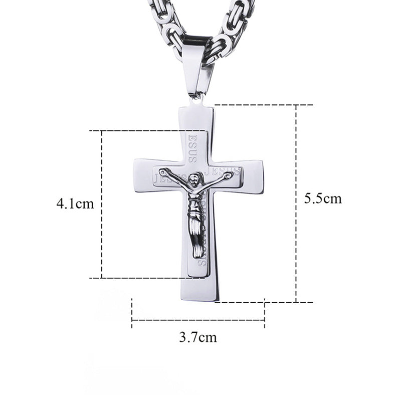 Mens Gold Color Jesus Cross Pendant Necklace Long Stainless Steel Byzantine Chain Necklace Prayer Christian Crucifix Jewelry