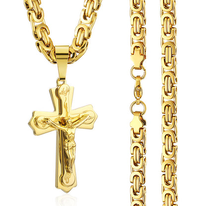 Stainless Steel Necklace Pendant Burning Flame Cross Jesus Christian Byzantine Chain for Men