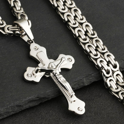 Stainless Steel Chain Crystal Jesus Crucifix Cross Pendant Necklaces Link Chains Men Necklace