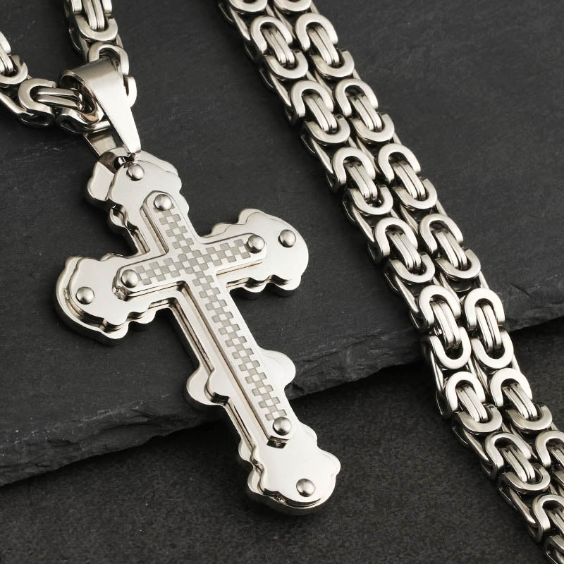 Christian Jesus Crucifix Cross Pendant Necklace Stainless Steel Men Byzantine Link Chain