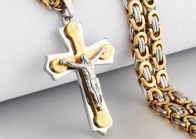 Stainless Steel Necklace Pendant Burning Flame Cross Jesus Christian Byzantine Chain for Men