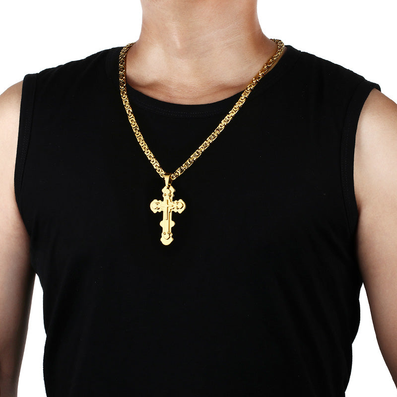 Strong Gold Color Stainless Steel Byzantine Chain Orthodox Cross Pendant Necklace for Men Necklace