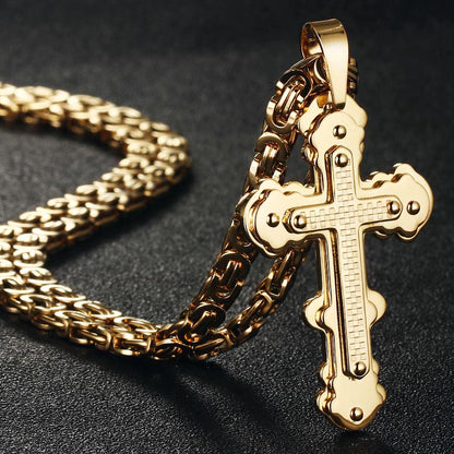 Christian Jesus Crucifix Cross Pendant Necklace Stainless Steel Men Byzantine Link Chain