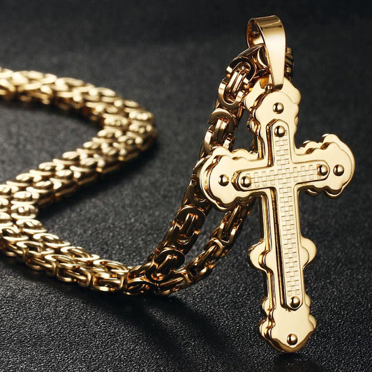 Christian Jesus Crucifix Cross Pendant Necklace Stainless Steel Men Byzantine Link Chain