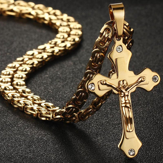 Stainless Steel Chain Crystal Jesus Crucifix Cross Pendant Necklaces Link Chains Men Necklace