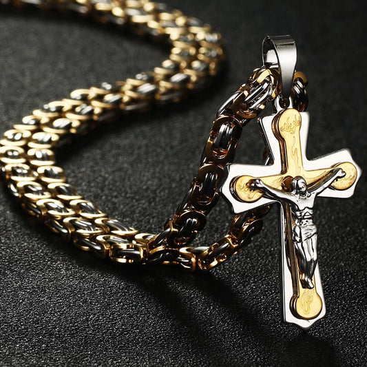 Stainless Steel Necklace Pendant Burning Flame Cross Jesus Christian Byzantine Chain for Men