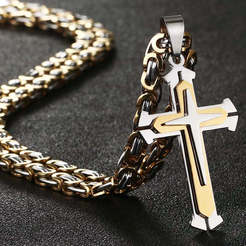 Stainless Steel Pendant Necklace 3 Layer Knight Cross Gold Silver Color Strong Byzantine Chain