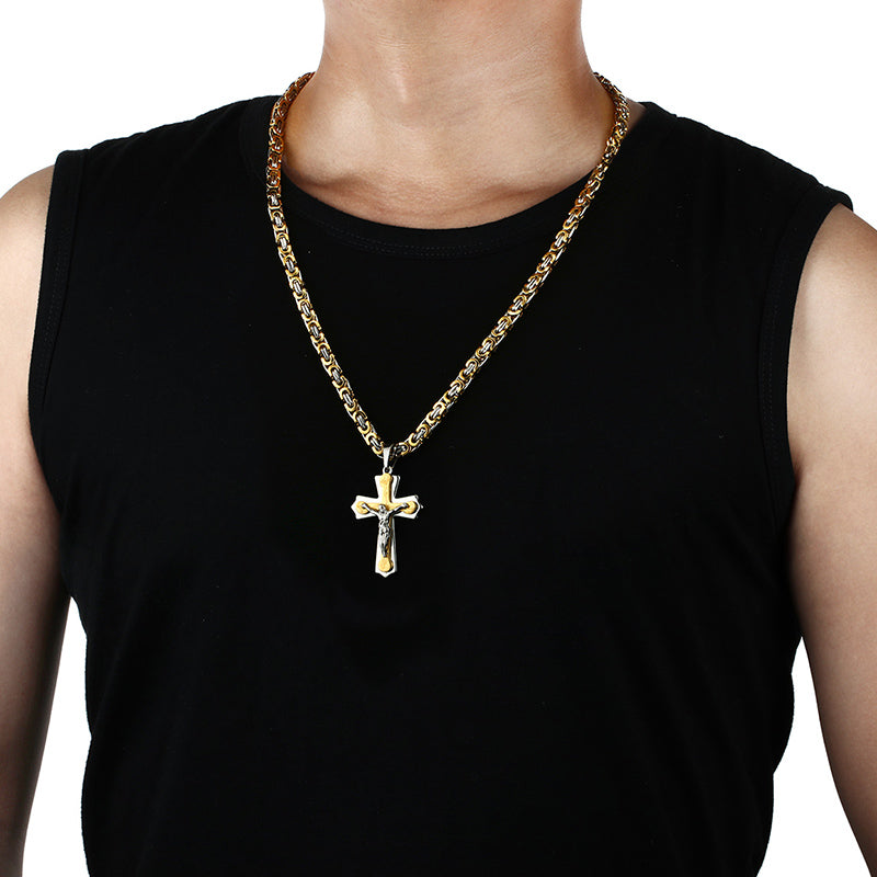 Stainless Steel Necklace Pendant Burning Flame Cross Jesus Christian Byzantine Chain for Men