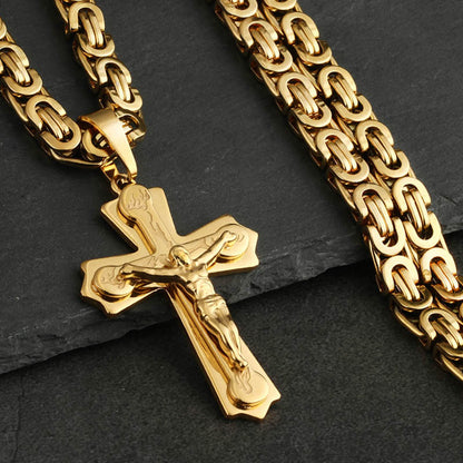 Stainless Steel Necklace Pendant Burning Flame Cross Jesus Christian Byzantine Chain for Men