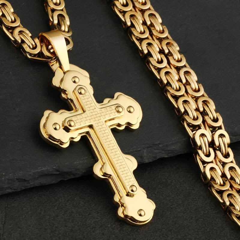 Christian Jesus Crucifix Cross Pendant Necklace Stainless Steel Men Byzantine Link Chain