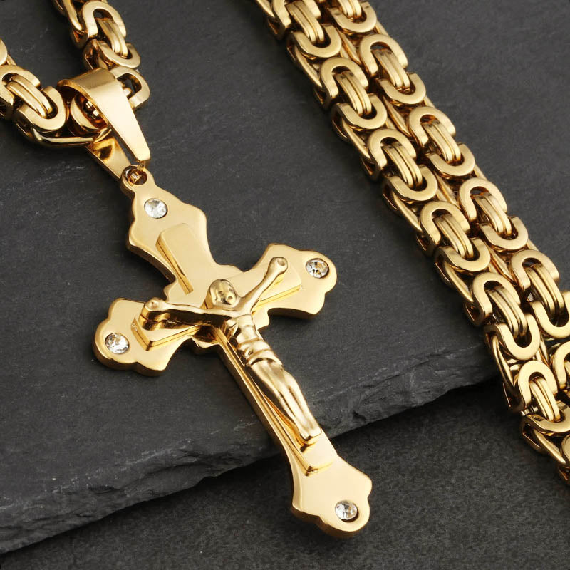 Stainless Steel Chain Crystal Jesus Crucifix Cross Pendant Necklaces Link Chains Men Necklace