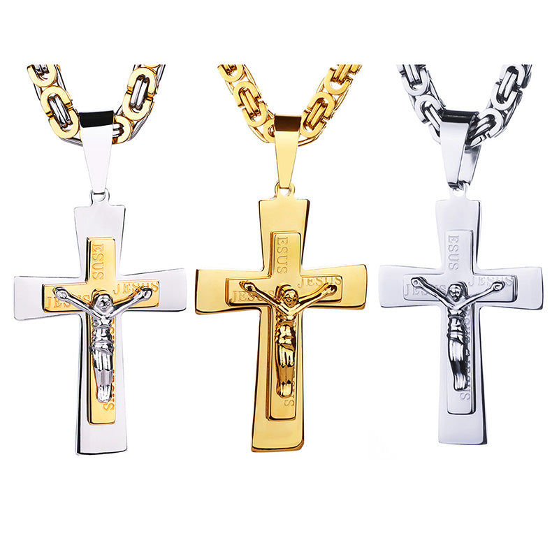 Mens Gold Color Jesus Cross Pendant Necklace Long Stainless Steel Byzantine Chain Necklace Prayer Christian Crucifix Jewelry