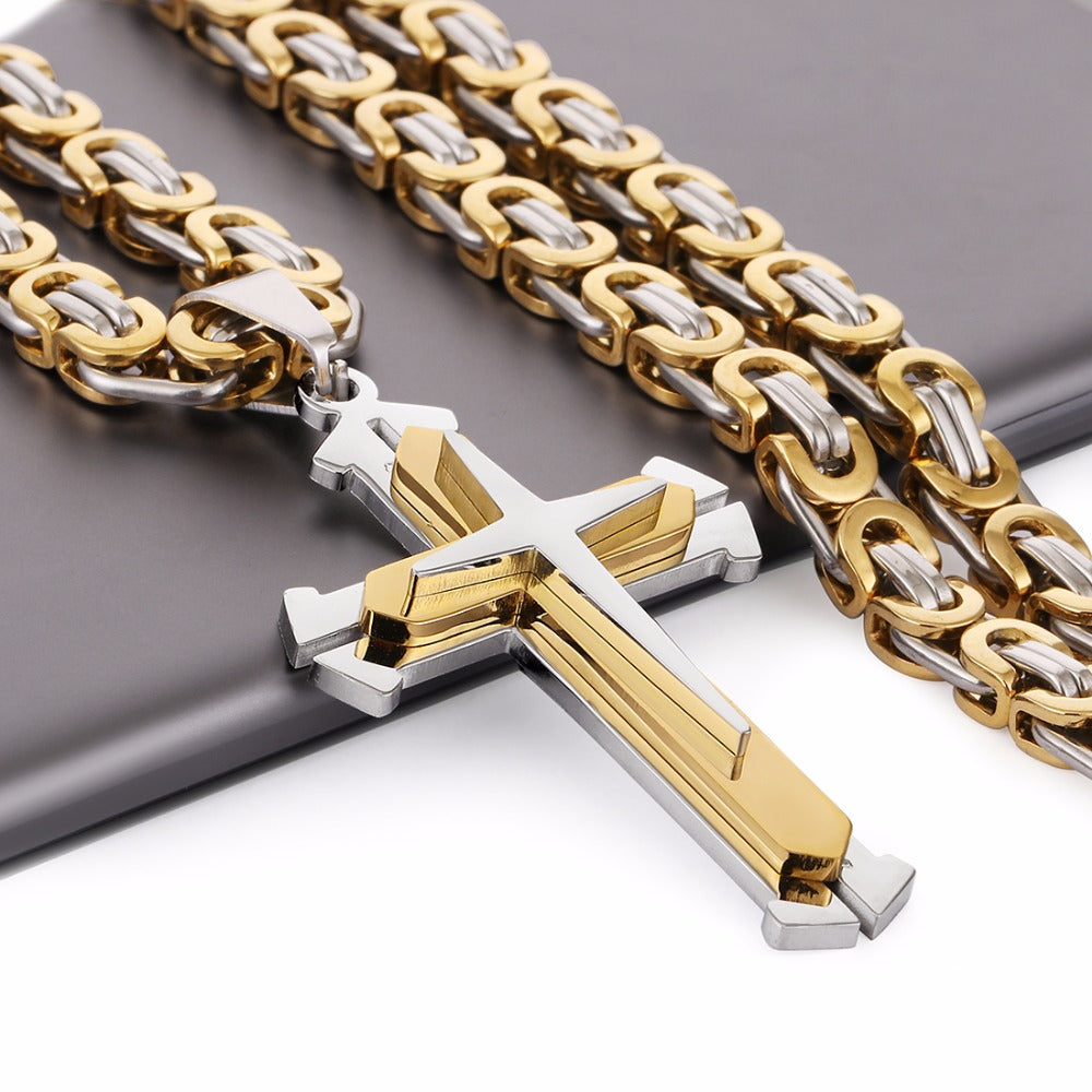 Stainless Steel Pendant Necklace 3 Layer Knight Cross Gold Silver Color Strong Byzantine Chain