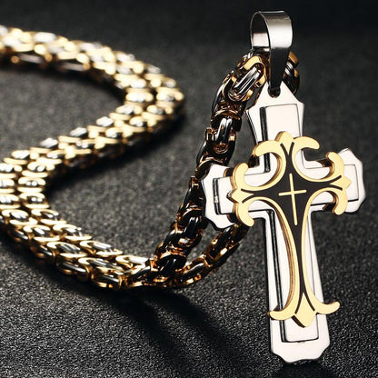 Religious Men Cross Stainless Steel Pendant Necklace Byzantine Chain Fleur-de-lis Necklace