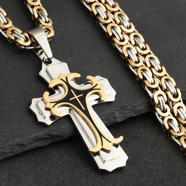 Religious Men Cross Stainless Steel Pendant Necklace Byzantine Chain Fleur-de-lis Necklace