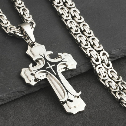 Religious Men Cross Stainless Steel Pendant Necklace Byzantine Chain Fleur-de-lis Necklace