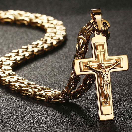 Religious Jesus Christian Crucifix Cross Long Byzantine Chain Stainless Steel Necklaces Pendants for Men