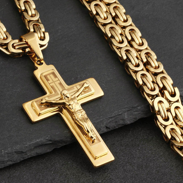 Religious Jesus Christian Crucifix Cross Long Byzantine Chain Stainless Steel Necklaces Pendants for Men