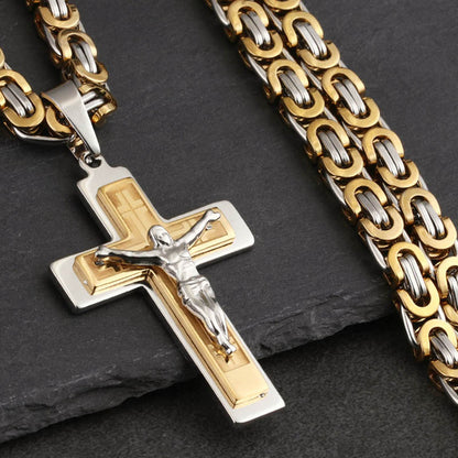 Religious Jesus Christian Crucifix Cross Long Byzantine Chain Stainless Steel Necklaces Pendants for Men