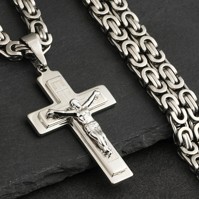 Religious Jesus Christian Crucifix Cross Long Byzantine Chain Stainless Steel Necklaces Pendants for Men