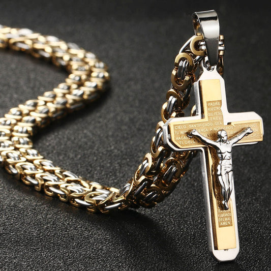 Bible Cross Crucifix Jesus Pendants Stainless Steel Byzantine Link Chain Necklaces