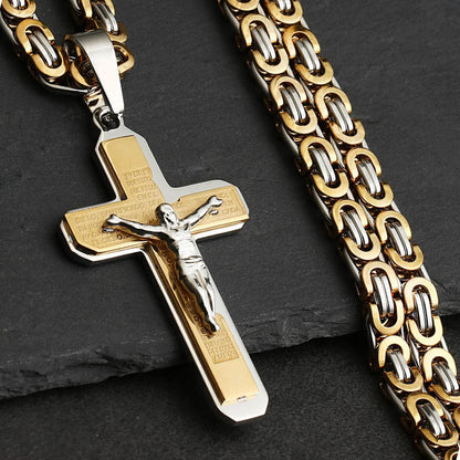 Bible Cross Crucifix Jesus Pendants Stainless Steel Byzantine Link Chain Necklaces