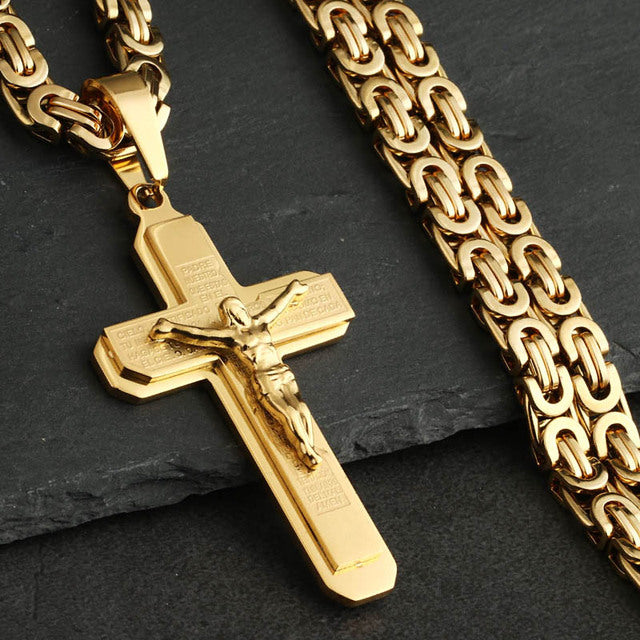 Bible Cross Crucifix Jesus Pendants Stainless Steel Byzantine Link Chain Necklaces