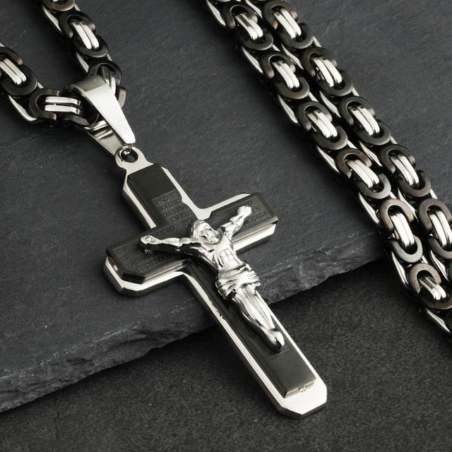 Bible Cross Crucifix Jesus Pendants Stainless Steel Byzantine Link Chain Necklaces