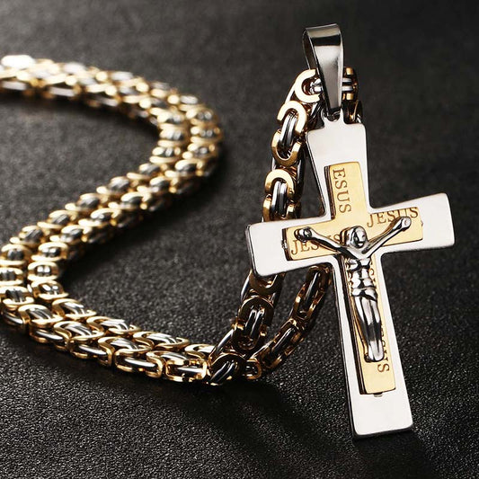 Mens Gold Color Jesus Cross Pendant Necklace Long Stainless Steel Byzantine Chain Necklace Prayer Christian Crucifix Jewelry