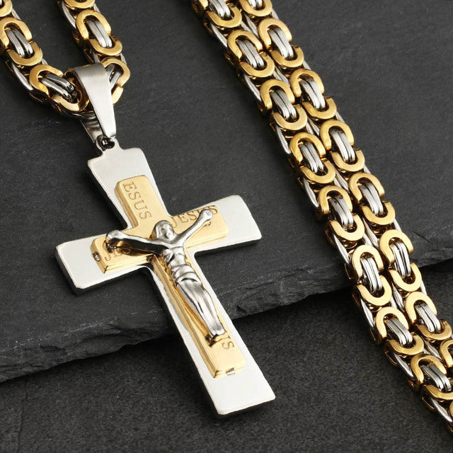 Mens Gold Color Jesus Cross Pendant Necklace Long Stainless Steel Byzantine Chain Necklace Prayer Christian Crucifix Jewelry