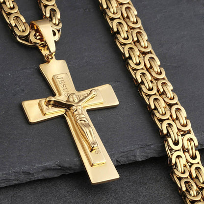 Mens Gold Color Jesus Cross Pendant Necklace Long Stainless Steel Byzantine Chain Necklace Prayer Christian Crucifix Jewelry