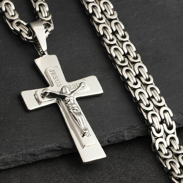 Mens Gold Color Jesus Cross Pendant Necklace Long Stainless Steel Byzantine Chain Necklace Prayer Christian Crucifix Jewelry