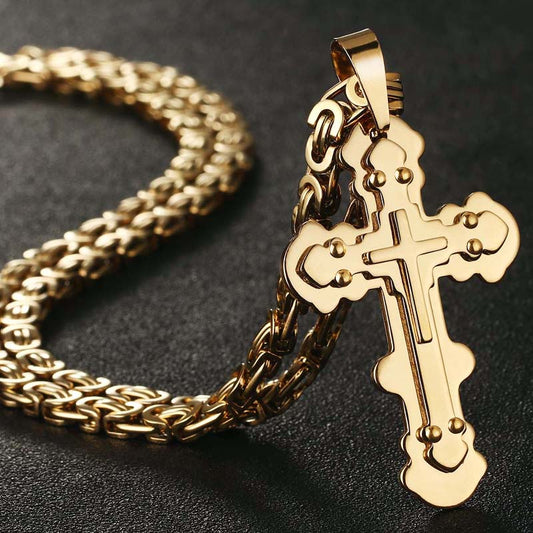 Strong Gold Color Stainless Steel Byzantine Chain Orthodox Cross Pendant Necklace for Men Necklace