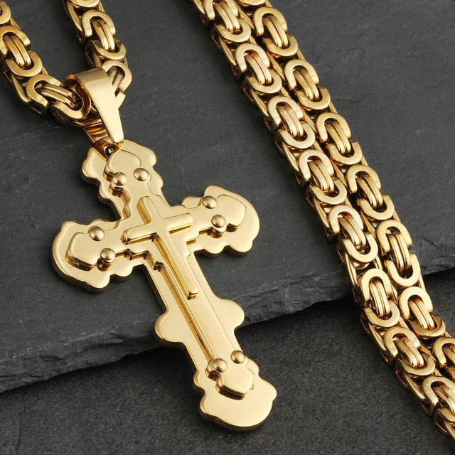 Strong Gold Color Stainless Steel Byzantine Chain Orthodox Cross Pendant Necklace for Men Necklace