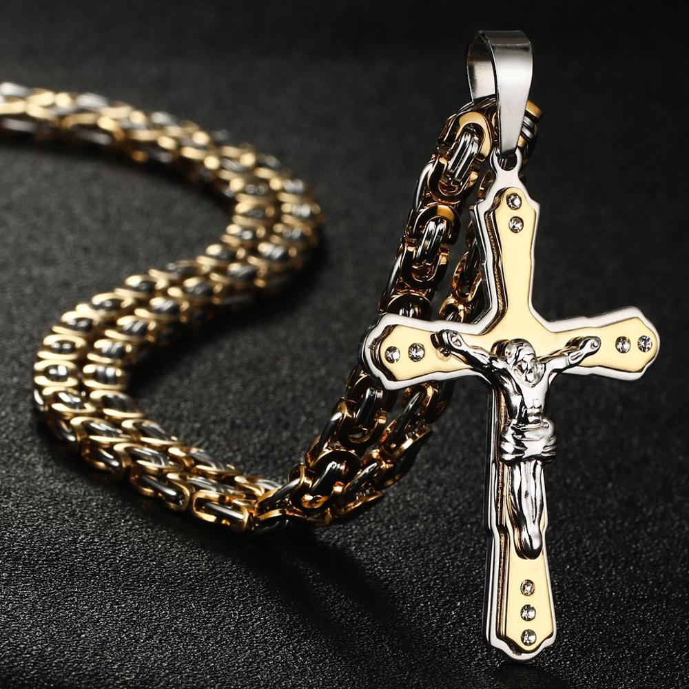 Christ Jesus Crucifix Cross Pendants Crystal Pendant Byzantine Link Chain Necklace Stainless Steel Necklaces for Men