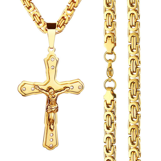 Christ Jesus Crucifix Cross Pendants Crystal Pendant Byzantine Link Chain Necklace Stainless Steel Necklaces for Men