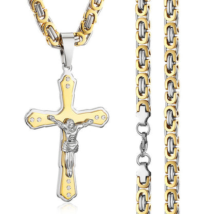 Christ Jesus Crucifix Cross Pendants Crystal Pendant Byzantine Link Chain Necklace Stainless Steel Necklaces for Men